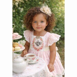 Girl's Tea Party Dress Haute Baby Boutique Pink Green Tea Pot Perfect Condition